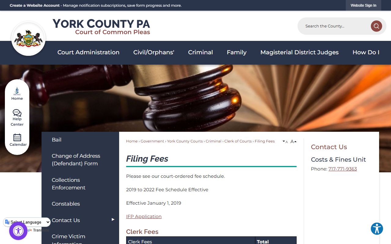 York County court records Clerk of Courts filing and copy fees