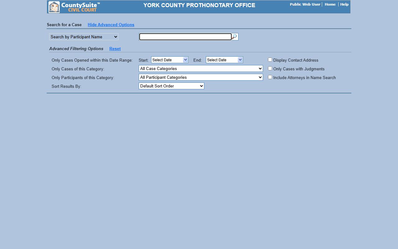 York County court records Prothonotary public search screen