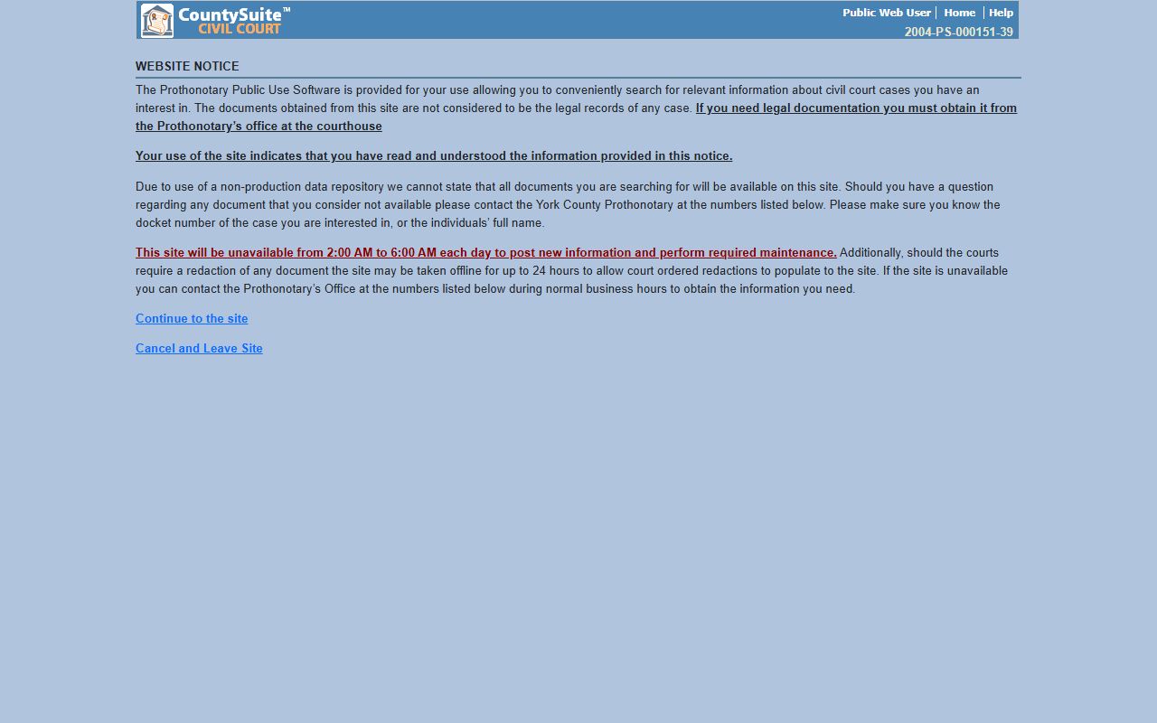 York County court records Prothonotary disclaimer for public search