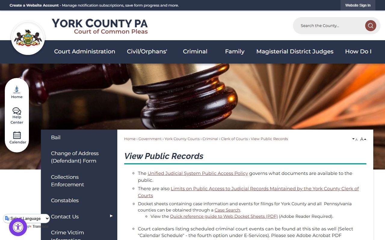 York County court records Clerk of Courts public document access page
