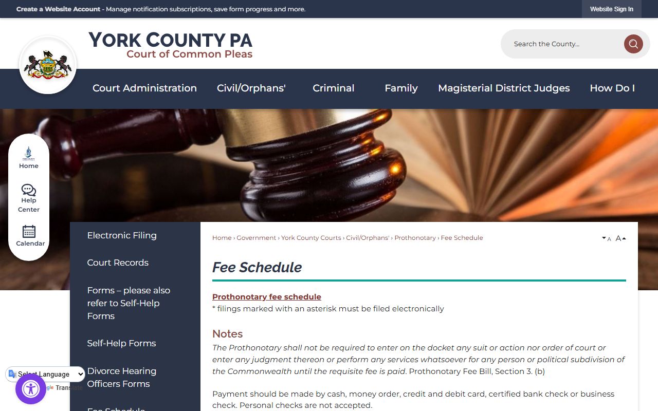York County court records Prothonotary fee schedule page