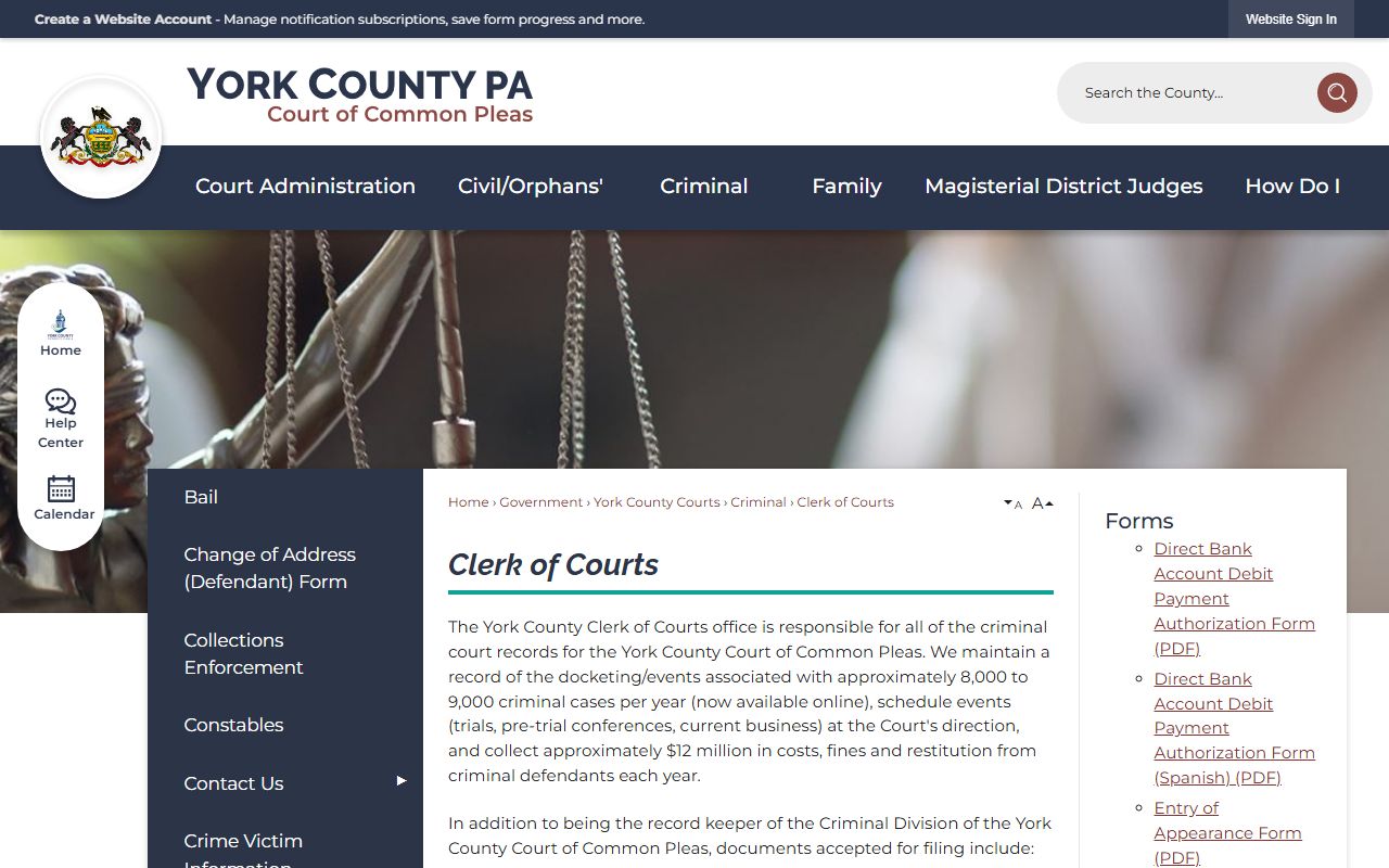 York County criminal court records Clerk of Courts criminal records page