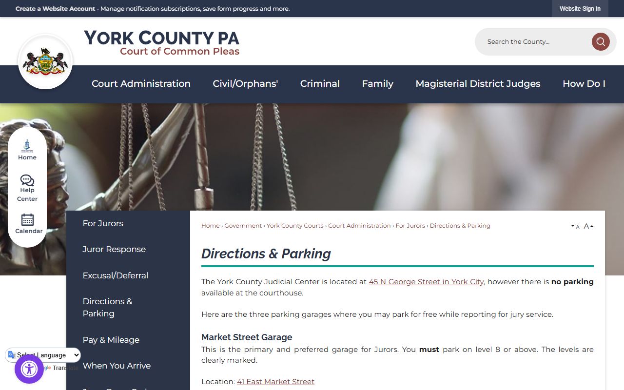 York County Court of Common Pleas records Judicial Center directions and parking