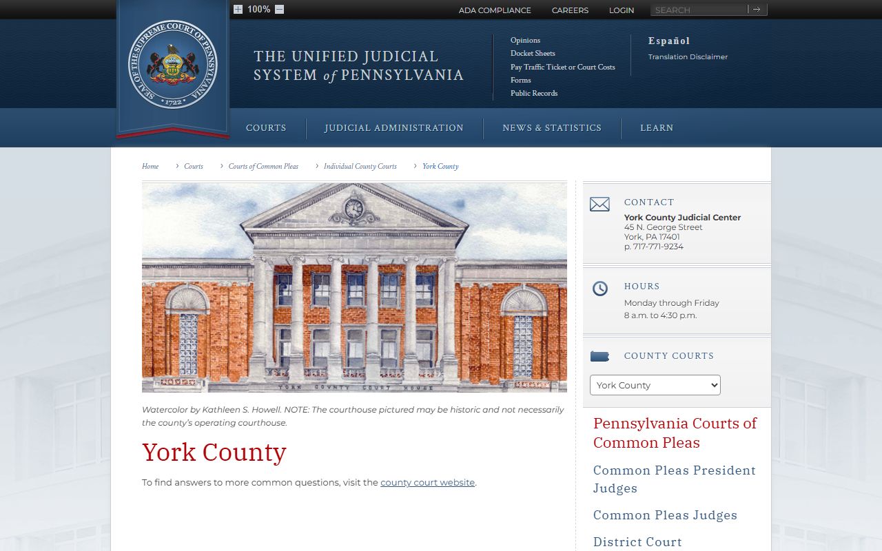 York County court records Pennsylvania judiciary York County court page