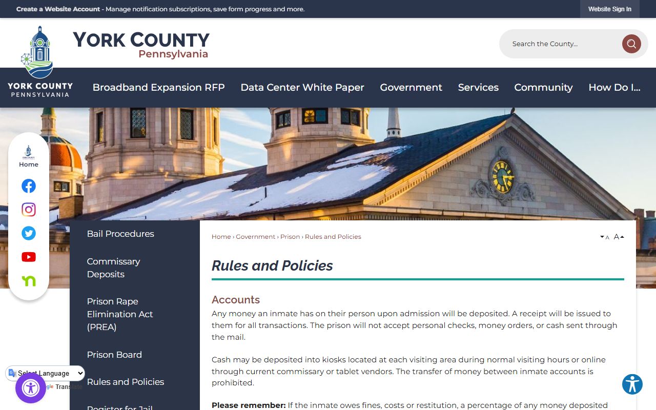 York County inmate records prison rules and mail policies