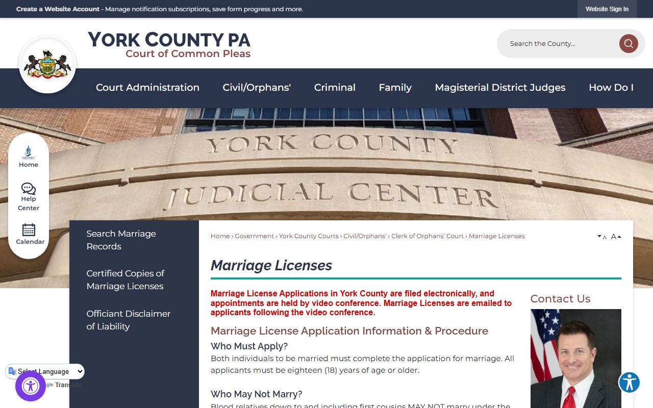 York County marriage records license requirements page