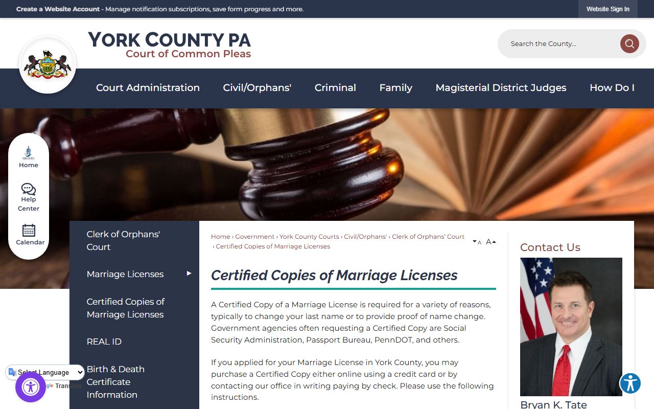 York County marriage records certified copy page