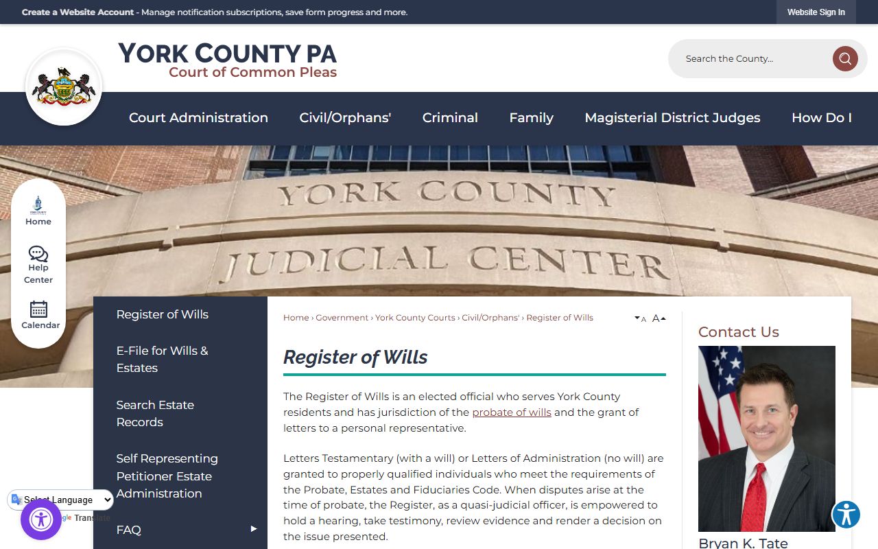 York County probate records Register of Wills page