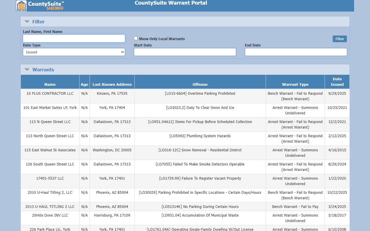 York County warrant records CountySuite warrant portal