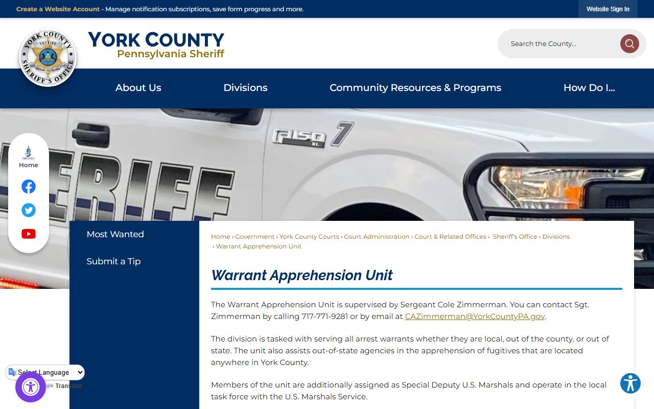 York County warrant records Sheriff Warrant Apprehension Unit page